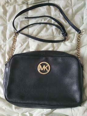 Michael Kors Black Pebbled Leather Crossbody with Gold MK Medallion